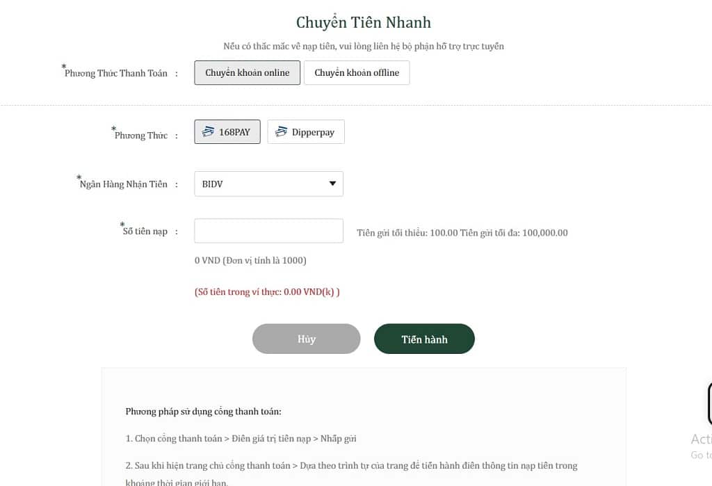 Giao diện nạp tiền AE888