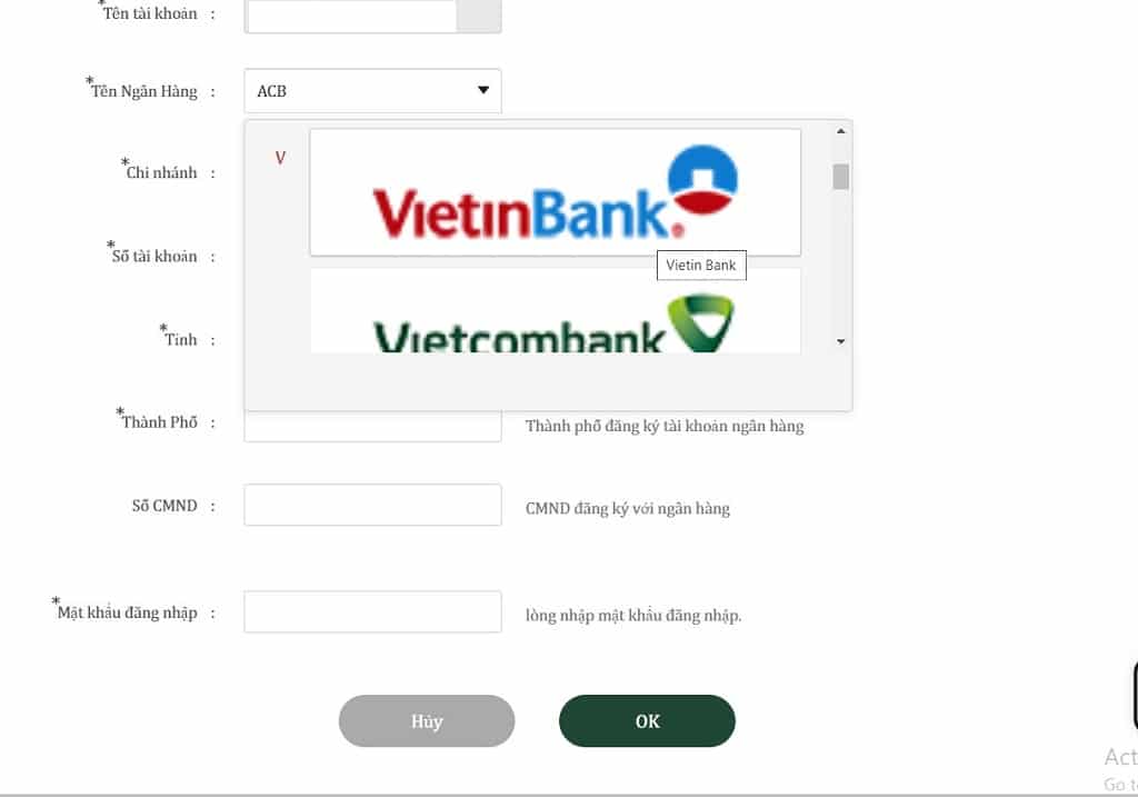 Thêm tài khoản Ngân hàng khi rút tiền tại AE888